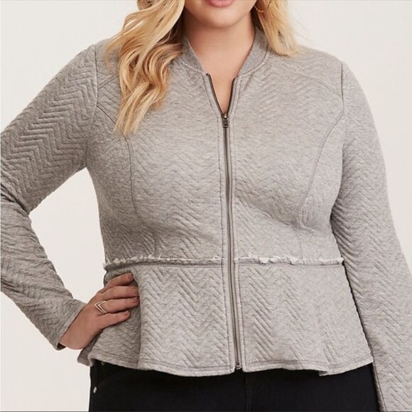 torrid Jackets & Blazers - TORRID | Quilted Peplum Full Zip Fray Accent Gray Jacket Women’s Plus Size 3X
